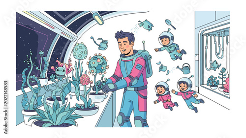 Tableau sur toile Interstellar Garden: An astronaut tending a futuristic garden with whimsical, alien flora, as space-suited children frolic nearby