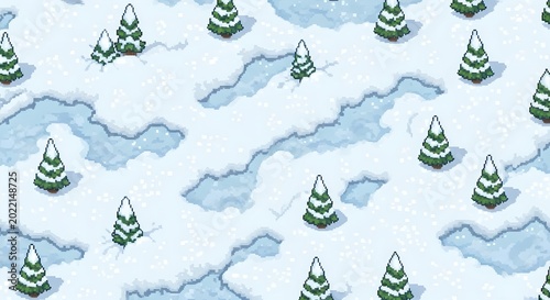 Top-down pixel art winter landscape with snow-covered evergreen trees and frozen water patches. Game map background.