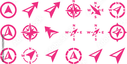 Pink compass rose and navigation arrow icons, set of 18 vector map pointers, magenta cardinal direction symbols for travel and GPS apps isolated on White Background