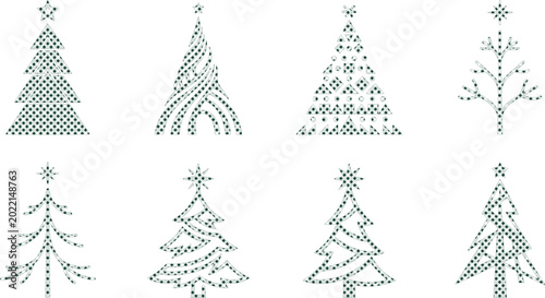 Minimalist Christmas tree icon set, 8 geometric pine tree vectors, modern holiday spruce illustrations, elegant winter fir tree collection isolated on White Background