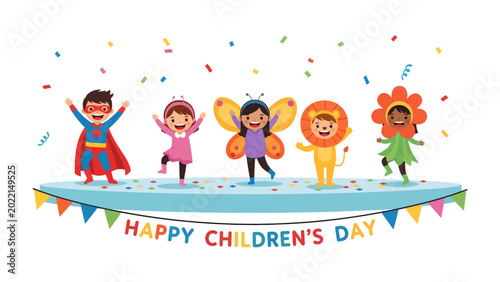 Fotografia Children's Day Joyful Celebration: Cheerful children in colorful costumes, reveling in the joy of Children's Day, amidst vibrant confetti and festive banners