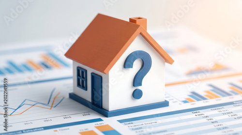House model, question mark, financial graphs, real estate concept