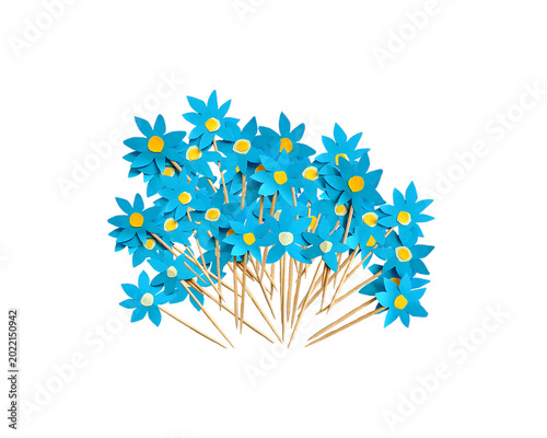 Liverleaf flower, Hepatica Nobilis, artificial flower bouquet, paper flowers. Paper flowers, cut, on a stick. Flower composition, floral patterns, spring flowering wallpaper Blue, yellow, white. PNG