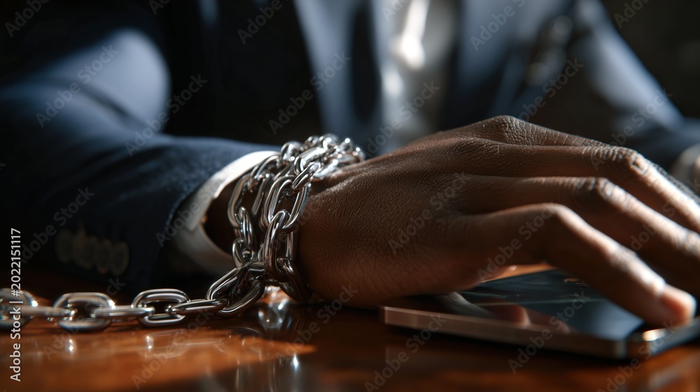 Fototapeta premium Close up of a businessman in a suit with his wrist chained to a mobile phone, symbolizing digital addiction.