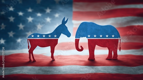 Donkey and elephant silhouettes with stars and stripes facing each other. Concept of United States elections, political debate, and bipartisan rivalry.
