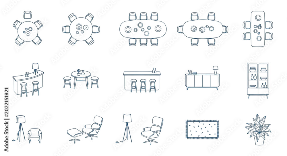 Fototapeta premium Luxury Italian Designer Dining and Tableware Plan Symbols Vector for Architectural Design