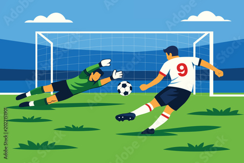 A vector illustration of a cartoon child soccer football player kicking a ball on the green grass field of a stadium during a competitive sports game match