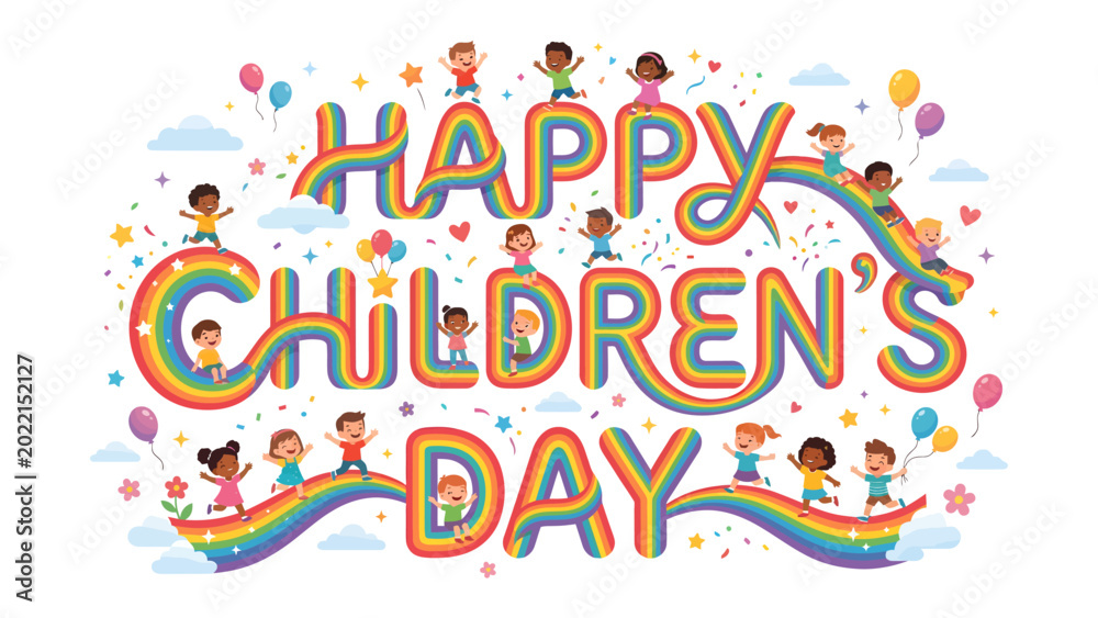 Naklejka premium Happy Children's Day: A vibrant illustration celebrating childhood with a rainbow of happiness, with joyful children around.
