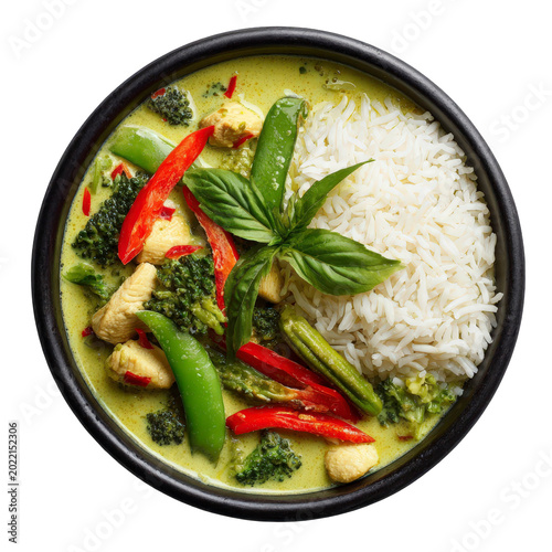 Green curry with rice and vegetables in a bowl