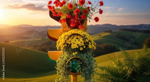 Floral traffic light blossoming blooms displayed against scenic landscape