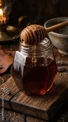 Honey jar with wooden dipper dripping on rustic wood