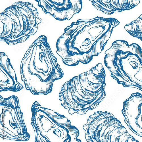 Photos Oysters seamless vector pattern, hand-drawn in ink
