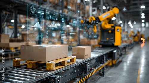 warehouse robot assisting human worker with logistics dashboard overlay clean industrial environment