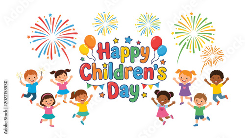 Canvas-taulu Joyful Children's Day: A vibrant illustration showcasing cheerful children celebrating Children's Day with colorful balloons and fireworks