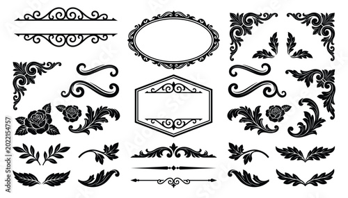 Set of vintage baroque design elements, frames, corners, dividers, and floral ornaments.