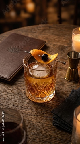 Old Fashioned cocktail with orange peel and cherry on wooden table