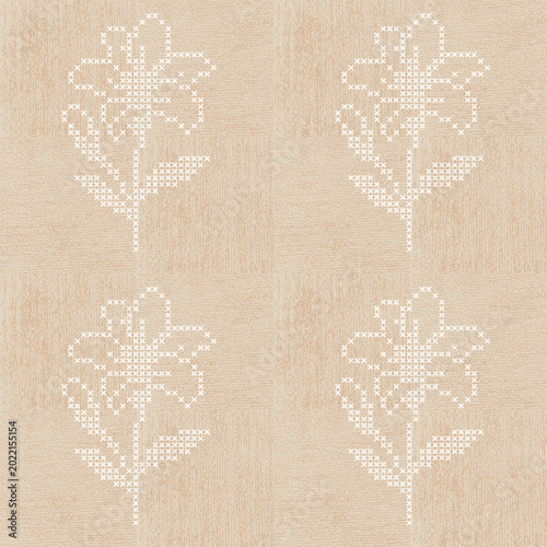 Cuadro en lienzo Elegant Cottagecore Seamless background with Organic Cross Stitch white daisy flowers and Vintage linen texture for Minimalist wallpaper design