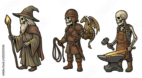 Foto Fantasy characters including wizard, warrior, and blacksmith skeletons