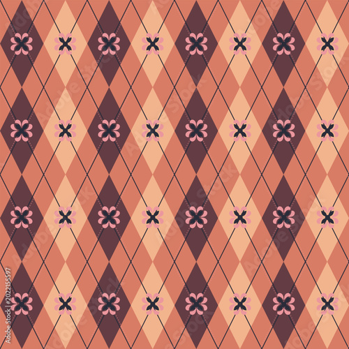 Fotografie A warm, seamless argyle pattern featuring minimalist geometric flowers in terracotta, peach, and charcoal