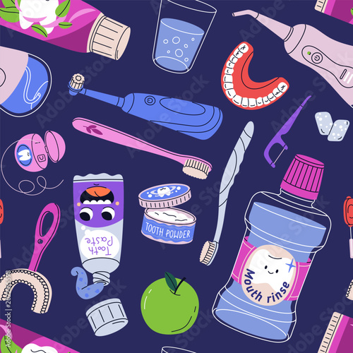 Dental care, oral hygiene tools seamless pattern design. Repeating print with...