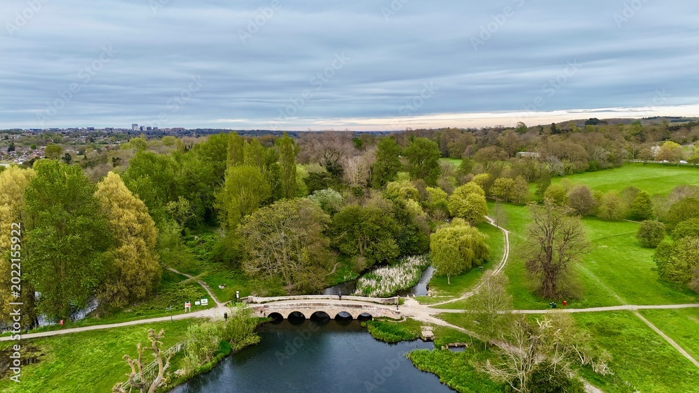 Fototapeta premium Aerial drone view of Five Arch Bridge over River Cray in Foots Cray Meadows, Sidcup, London