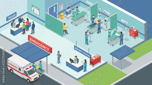 Cuadro en lienzo Isometric hospital emergency room scene with patients and medical staff