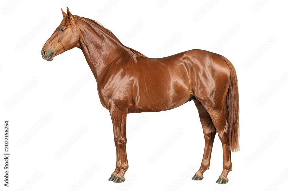 Obraz premium Horse stands in profile showing its muscular build and smooth brown coat against a plain white background.