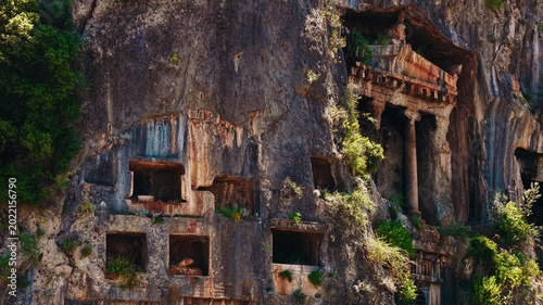 Aerial view Lycian ancient old Tombs around Fethiye Turkey.