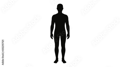 A simple flat black silhouette of a full body human figure standing in a neutral relaxed position isolated on a clean plain white background for design