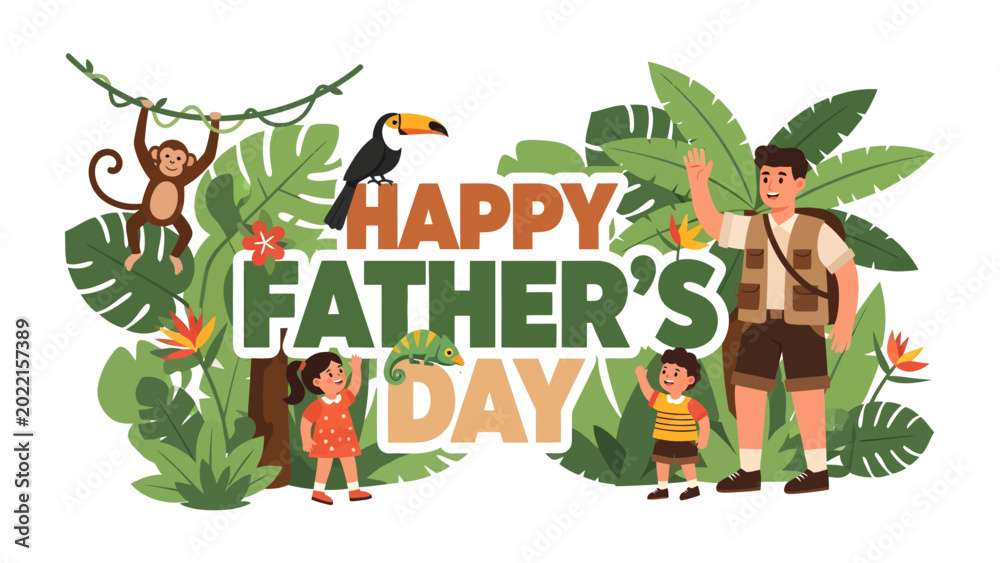 Fototapeta premium Happy Father's Day Adventure: A heartwarming illustration celebrates Father's Day, depicting a family adventure in a lush, tropical setting with exotic wildlife.