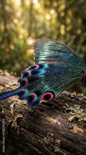 Vibrant iridescent butterfly on a weathered log in sunlit forest