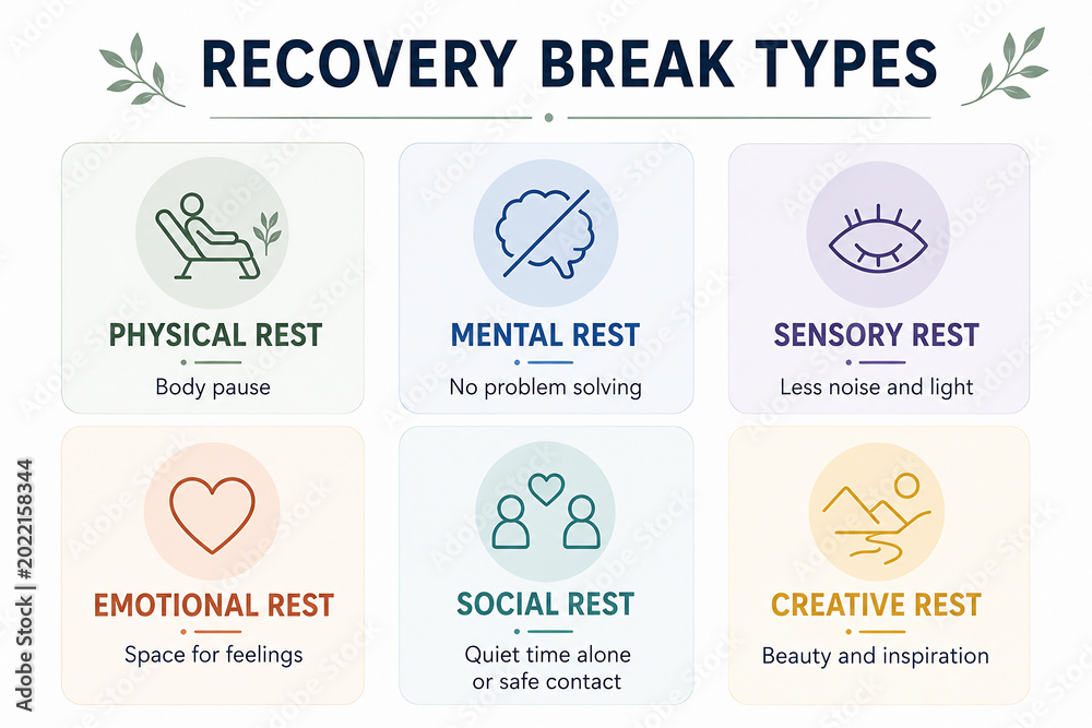 Fototapeta premium It displays different types of recovery breaks, including physical, mental, sensory, emotional, social, and creative rest.