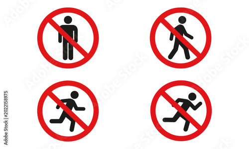 Billede på lærred No Pedestrian and Running Prohibition Signs Set on White Background