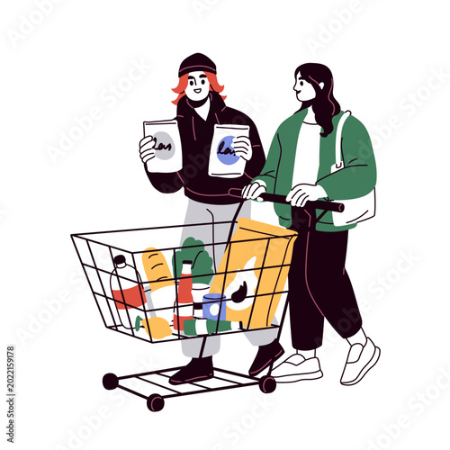 Girl friends walking with shopping cart filled with food products for BBQ pic...