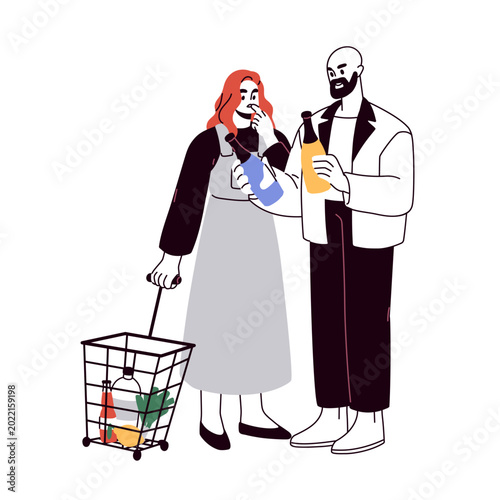 Family couple with shopping trolley basket on wheels, choosing alcohol drink....