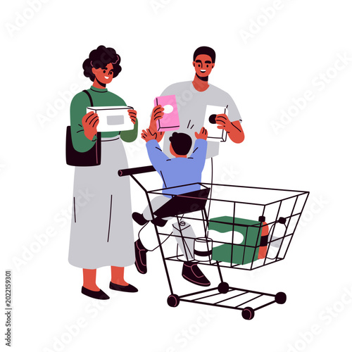 Happy family shopping with supermarket cart, kid in trolley. Parents and todd...