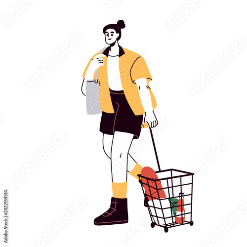Woman shopping with rolling trolley basket on wheels. Girl with supermarket c...