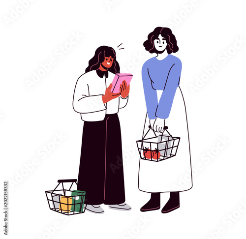 Women customers buyers with shopping baskets, reading and studying contents o...