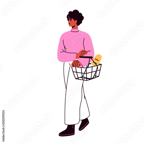Black woman walking with shopping basket in hand. Female customer, buyer carr...