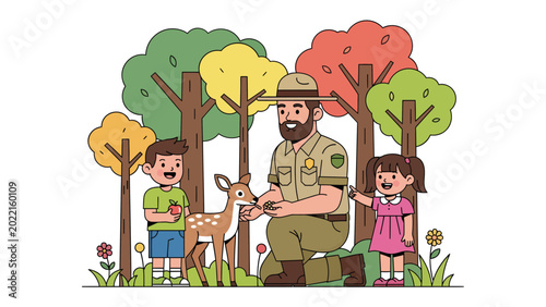 Schilderij op canvas Forest Ranger's Compassion: A park ranger tenderly guides two children as they interact with a young deer in a vibrant forest, symbolizing nature's harmony