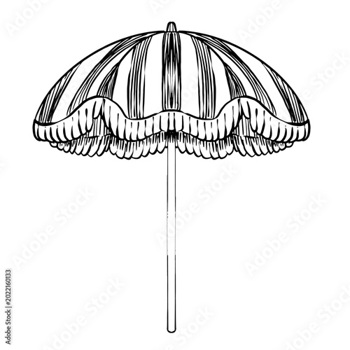 Black and white line art vector of a striped beach umbrella with fringe and pole. Minimalist vintage illustration for resort branding, travel brochure, summer poster and coastal menu