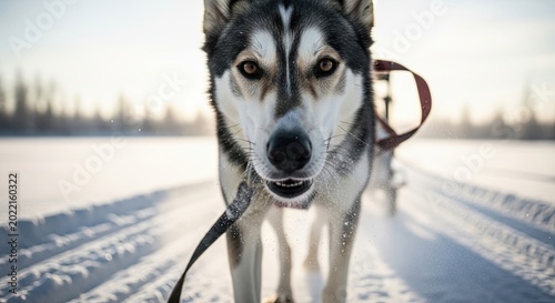 Husky dog on snowy winter trail.