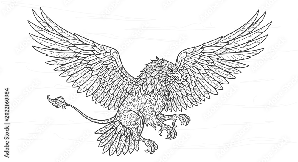 Fototapeta premium Detailed mythological soaring griffin illustration for adult coloring.