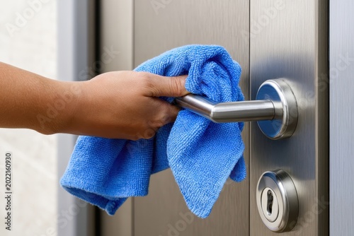 Hand wiping metal door handle with blue microfiber cloth in a sharp focus macro shot for hygiene and sanitization services marketing