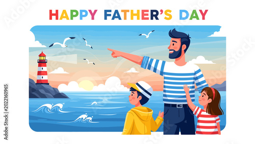 Billede på lærred Happy Father's Day Scene: A heart-warming illustration of a father spending quality time with his children, pointing towards the sea under the blue sky, celebrating fatherhood and family bonds