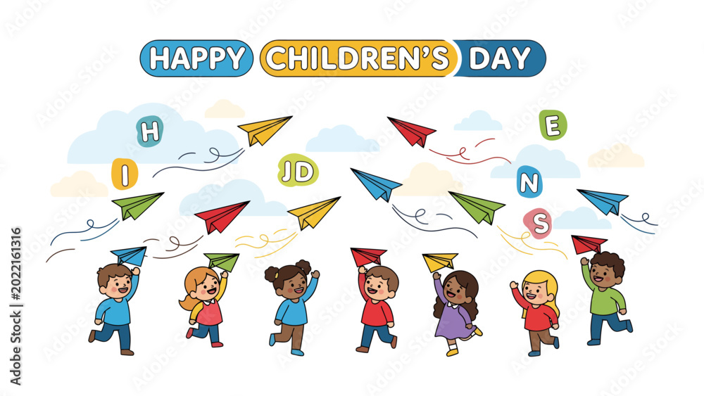 Fototapeta premium Joyful Flight: A vibrant Children's Day celebration unfolds, with children joyfully launching colorful paper airplanes into the sky, symbolizing dreams and aspirations. 