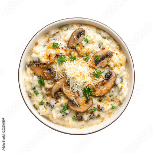 Mushroom risotto with cheese and parsley in a bowl