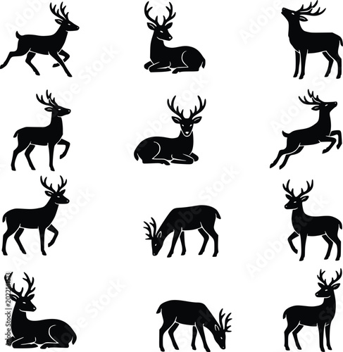 Deer Silhouette Wildlife Vector Set with Jumping Running and Grazing Poses