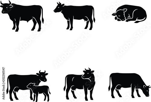 Cow Silhouette Farm Animal Vector Pack with Grazing and Walking Poses