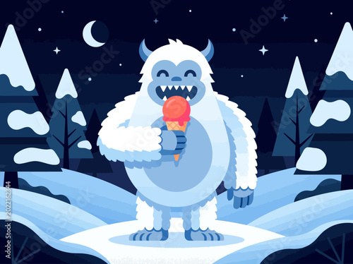 Tableau sur toile Cute Yeti Character Eating Ice Cream in Snowy Night Winter Landscape Vector Illu